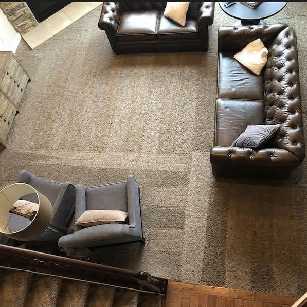 Family room carpet cleaned around leather sofas