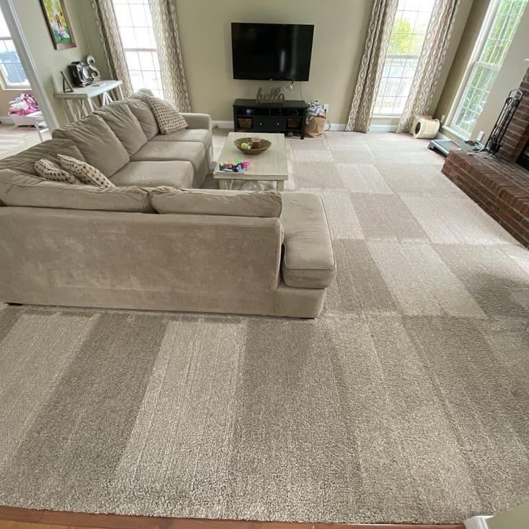 Living room carpet fully revived with professional cleaning lines