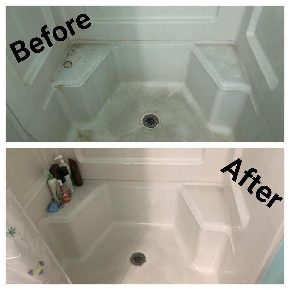 Shower restored to spotless white, before and after