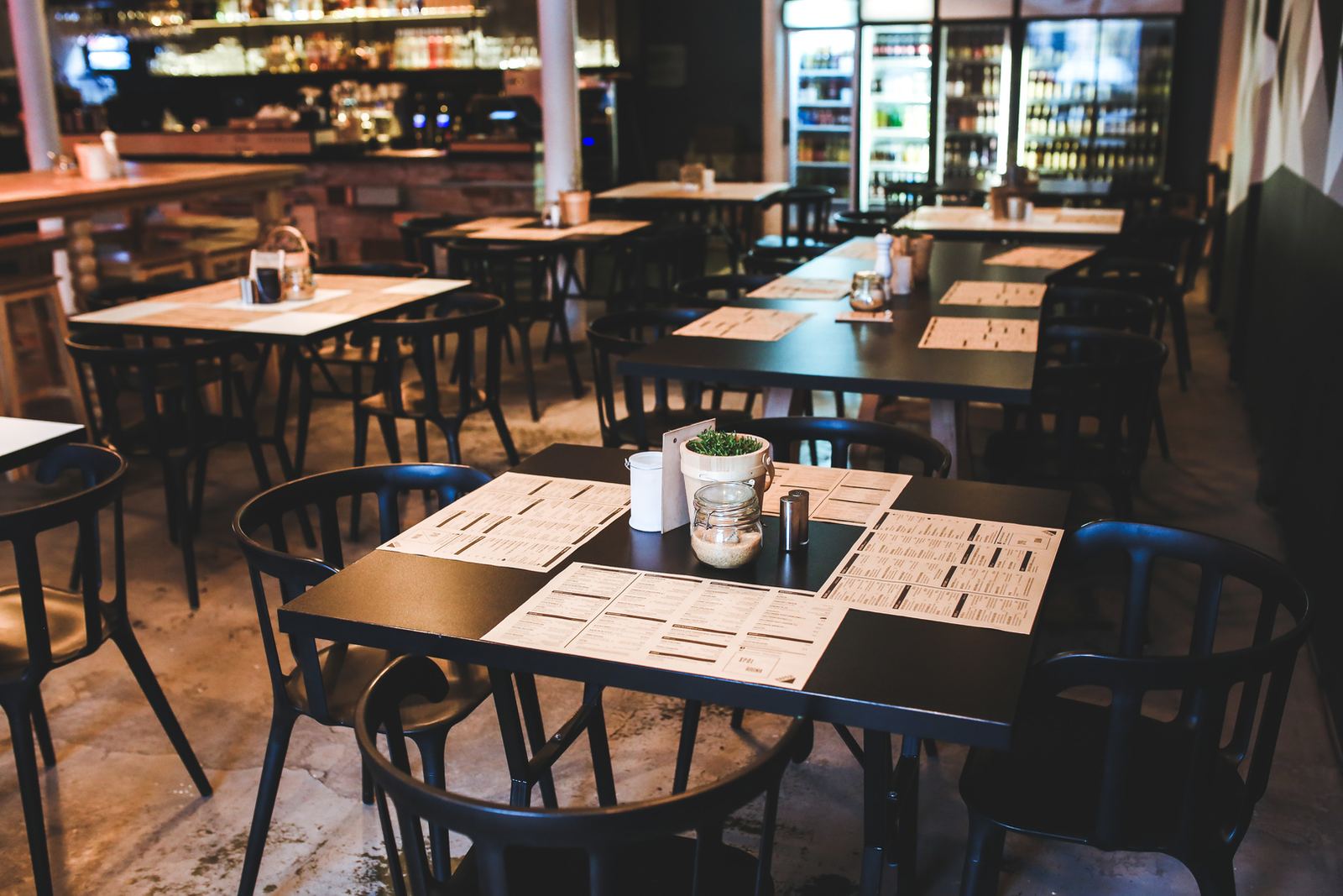 Restaurant dining room with set tables